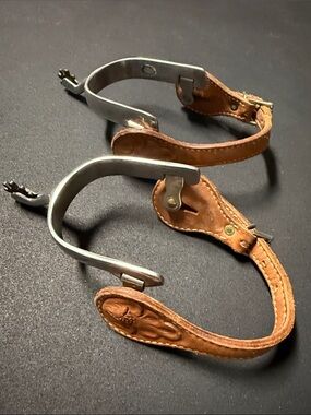 Vintage Leather Tooled Western Spurs Stainless Steel made in Korea